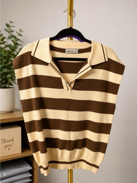 Zenana Outfitters Sweaters - Zenana Outfitters Cream and Brown Striped V-Neck Polo Sweater